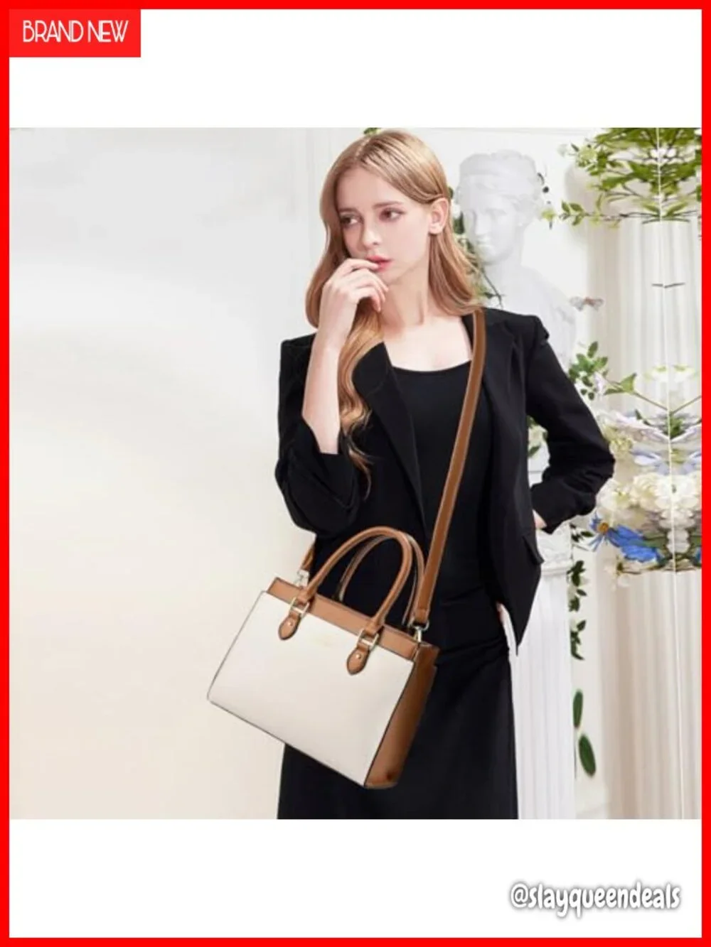 Faux Leather Dual-tone Satchel Handbag with Crossbody Strap, Top Handle Tote